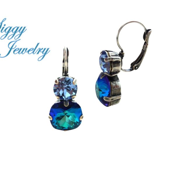 Bermuda Blue and Light Sapphire Double Drop Crystal Earrings 12mm and 8mm - Picture 3 of 5